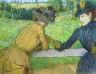 Zwei Frauen lehnen an einem Tor (Pastell)